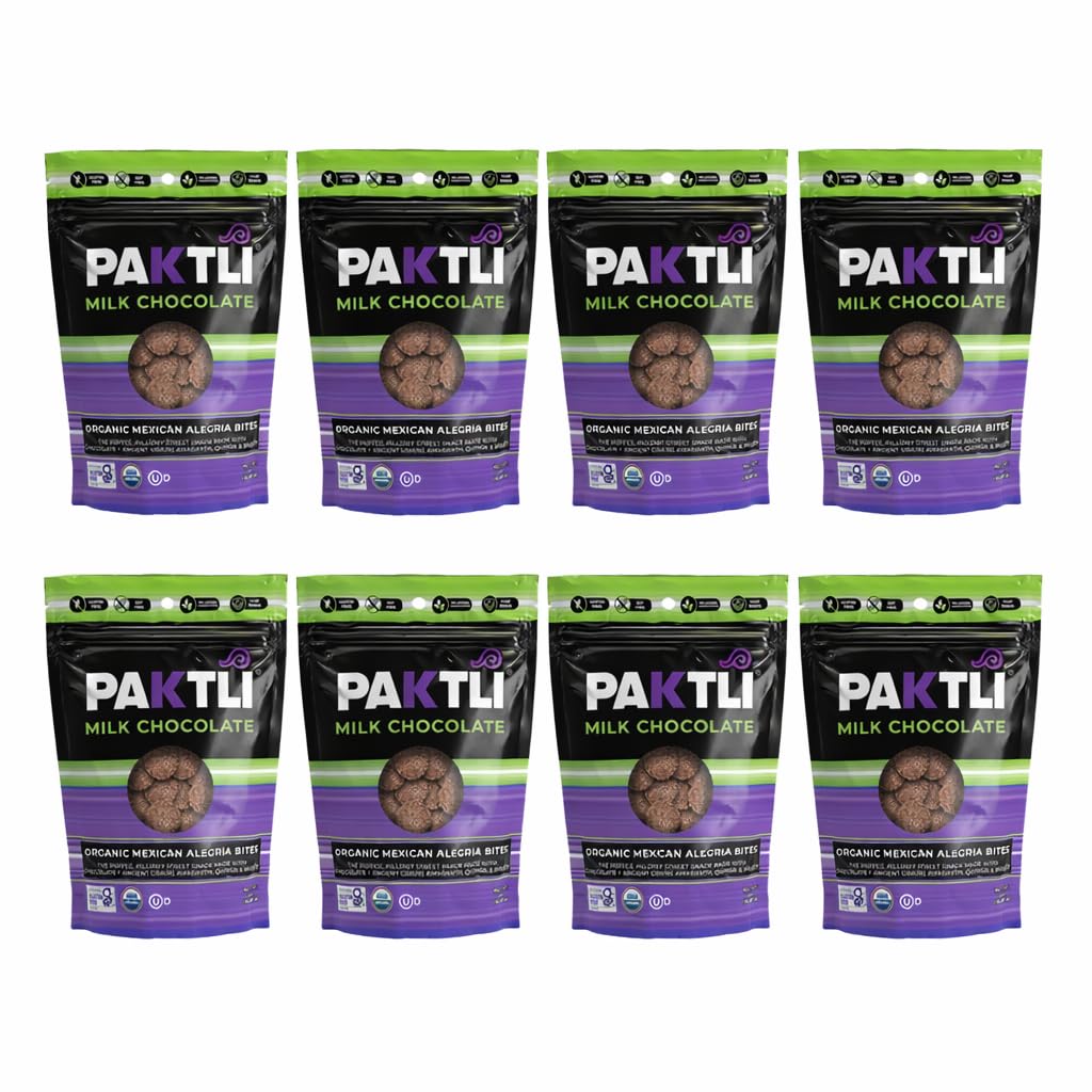 Paktli Organic Alegría Bites 8-Pack – Milk Chocolate Covered Ancient Grains, Eight 2oz Bags, Organic Amaranth, Quinoa & Millet Snack, Non-GMO, Gluten-Free, Clean Ingredients, Sweet Superfood Treat