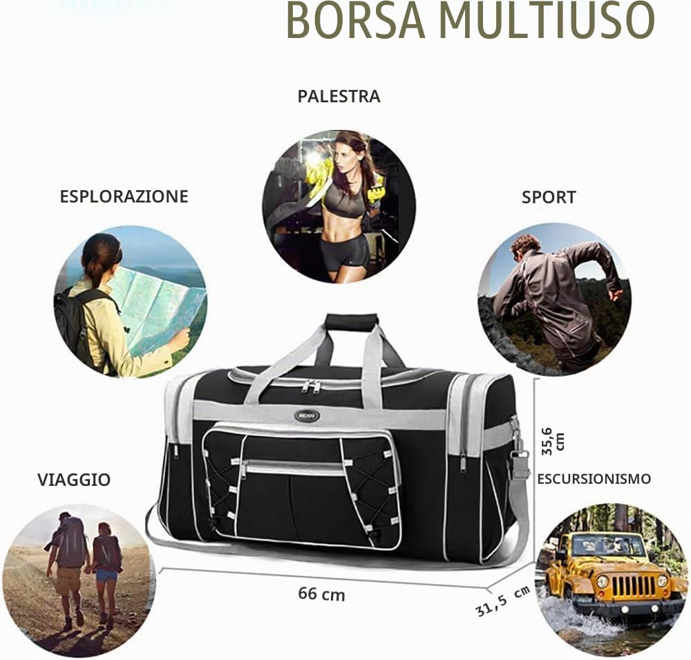 Borsone da viaggio per uomo weekender sopra la notte borsa da trasporto leggera extra large Oxford borsone da palestra robusto impermeabile per uomini e donne 66 cm (oro blu), Nero, Bianco, X-Large