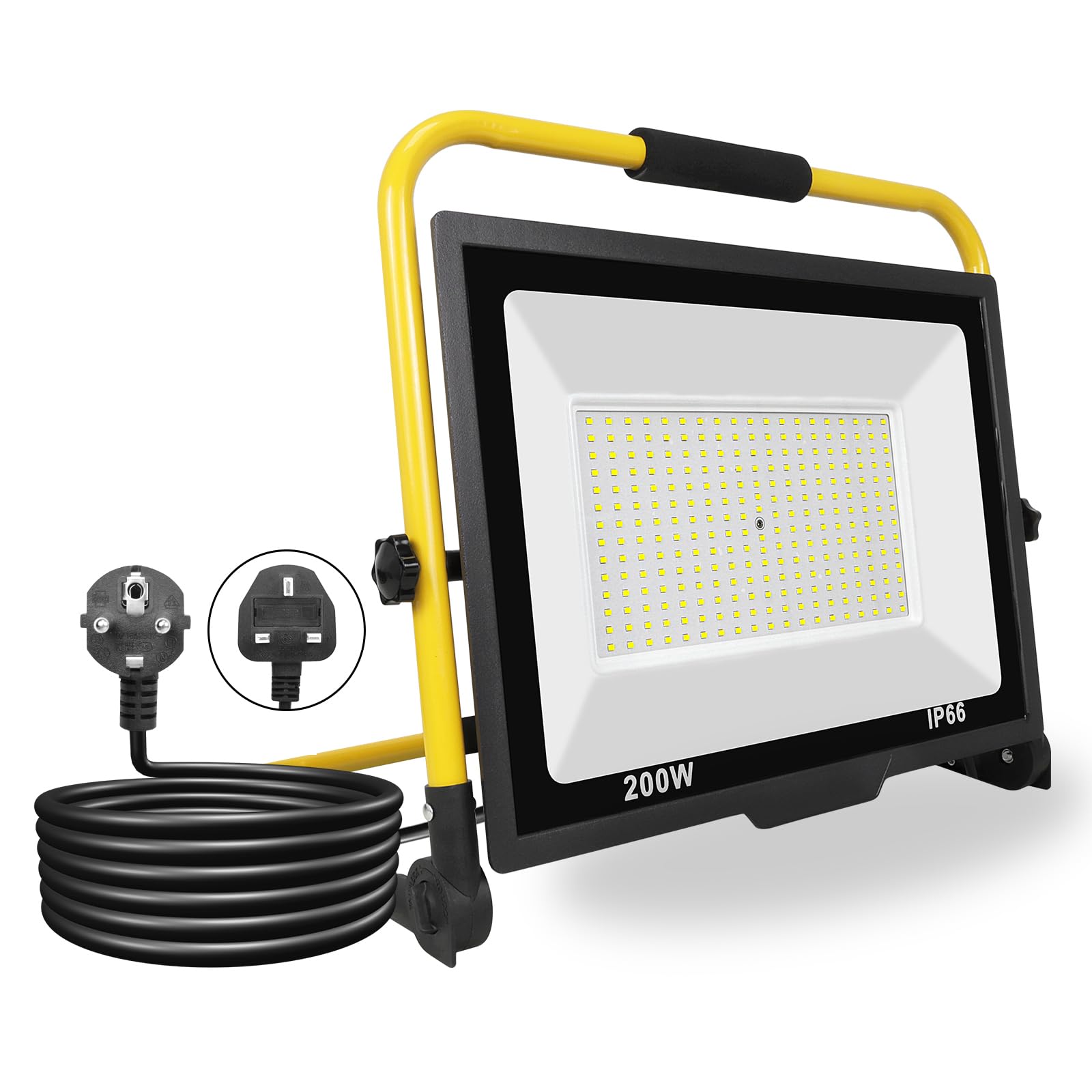 PICAA Foco de Trabajo LED 200W,20000LM,Foco LED Portátil con Giratorio 360º,Impermeable,Soporte plegable,para Uso en Interiores y Exteriores,para Obra, Taller, Garaje,6500K Luz Blanca