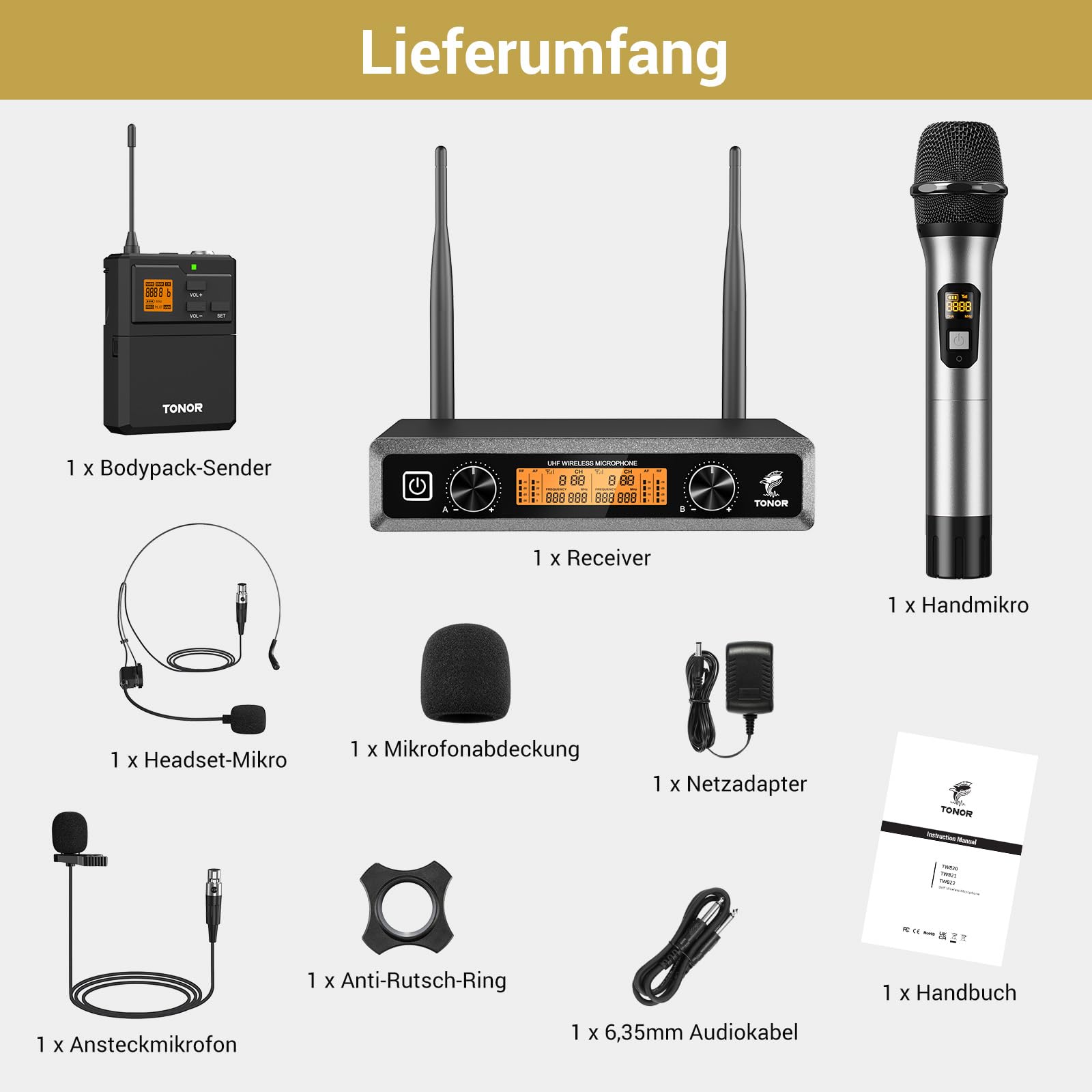 TONOR Duales UHF Mikrofon Kabellos Set mit Handmikrofon Bodypack Headset Lavalier, 2x5 Frequenzen 60 m Reichweite TW821