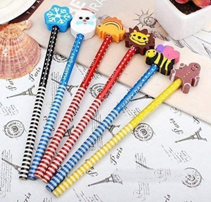 TERA 13 Gifts Pencil Set (6 pcs) With Eraser for Kids - Black Cartoon Rubber Eraser for Girls & Boys Birthday Return Gift - Stationery Items