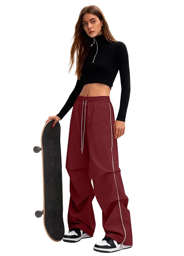 Bakyarder Women’s Y2K Baggy Parachute Pants High Waist Wide Leg Casual Track Pants with Adjustable Drawstring Waist Burgundy X-Small by Bakyarder - Used condition - Image 4
