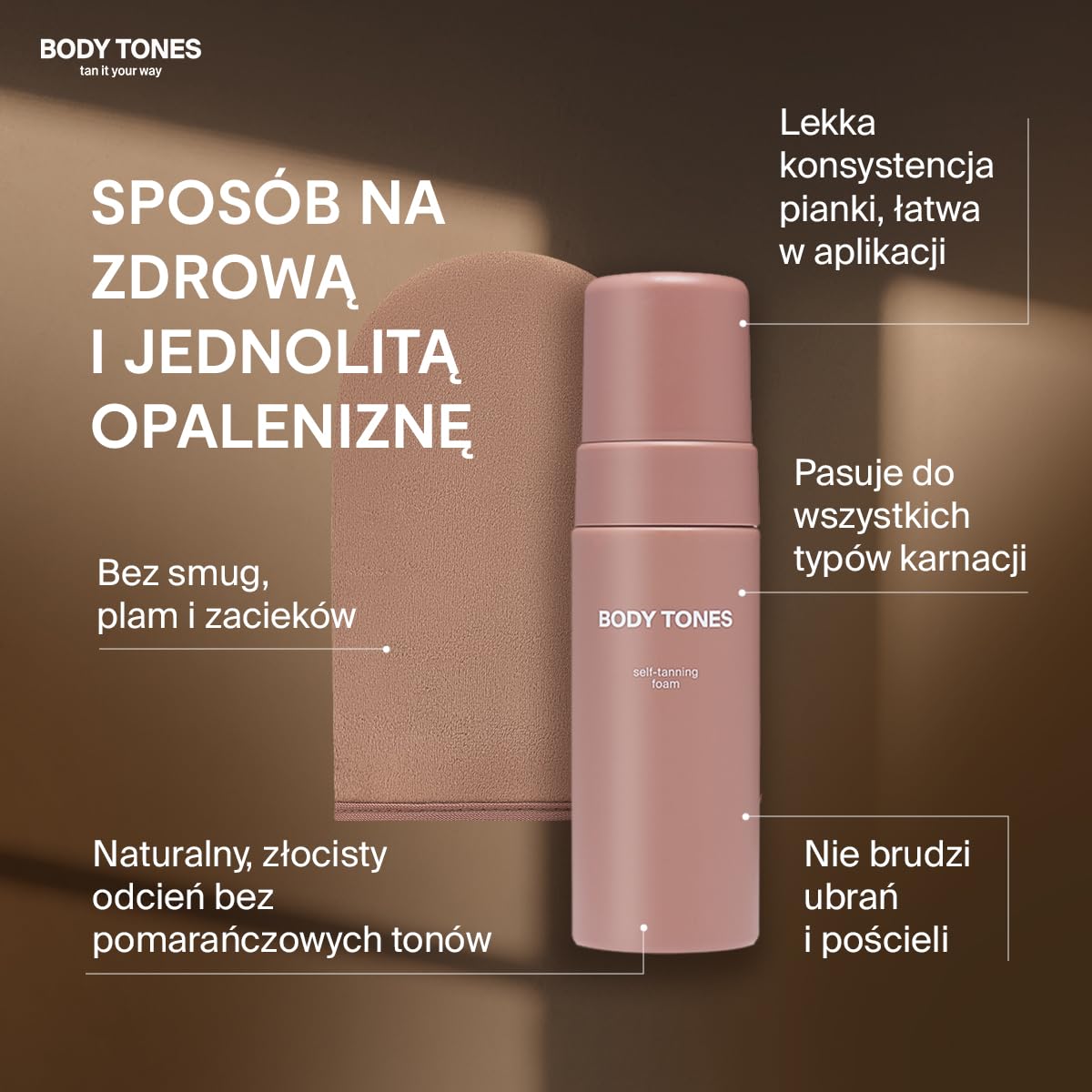 Body Tones Pianka Samoopalająca, Samoopalacz dla Ciemnej Skóry Nawilżająca i Przeciwstarzeniowa, Samoopalająca Pianka Naturalne Opalanie bez Ekspozycji na Słońce (155 ml + Rękawica, Ciemna cera)