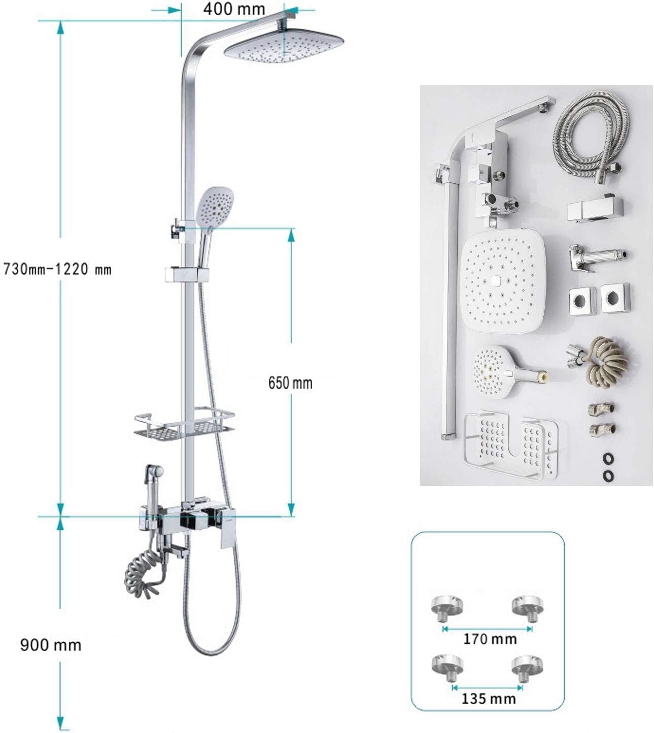Rainfall Chrome Shower Set, Brass Silver Shower System with Overhead Hand Held Jets Shower Head and Hose, Modern Shower Fitting Kit for Bathroom Teenage