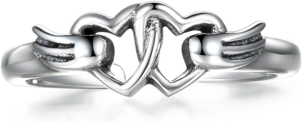 LYTOPTOP Sterling Silver Ring for Women Double Heart Angel Wings Adjustable Thumb Ring Everlasting Promise Wedding Finger Ring