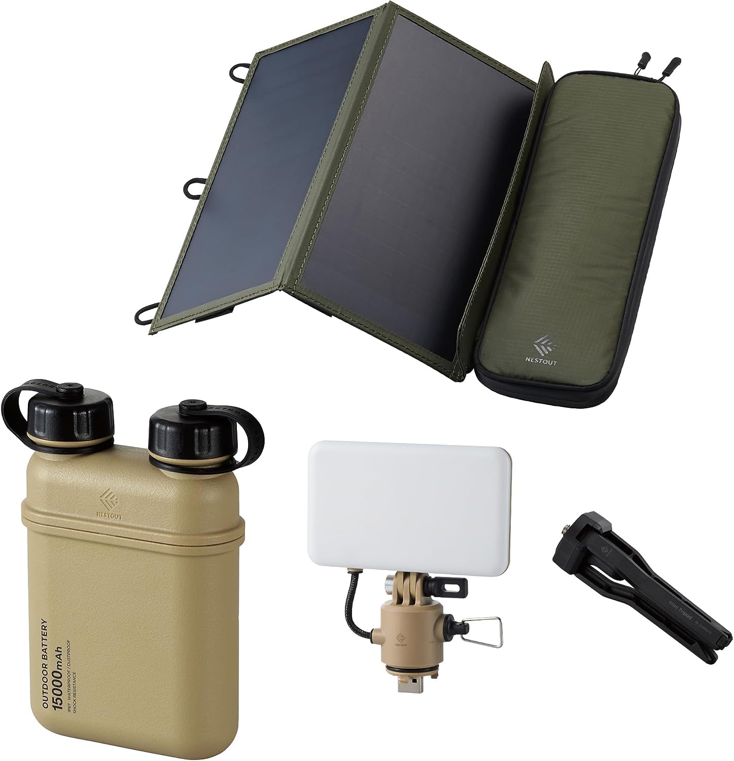 ELECOM NESTOUT 15000mAh Outdoor Power Bank 2-Panel Solar Panel Charger Flash-1 LED Flash Light Panel 1000 Lumen -