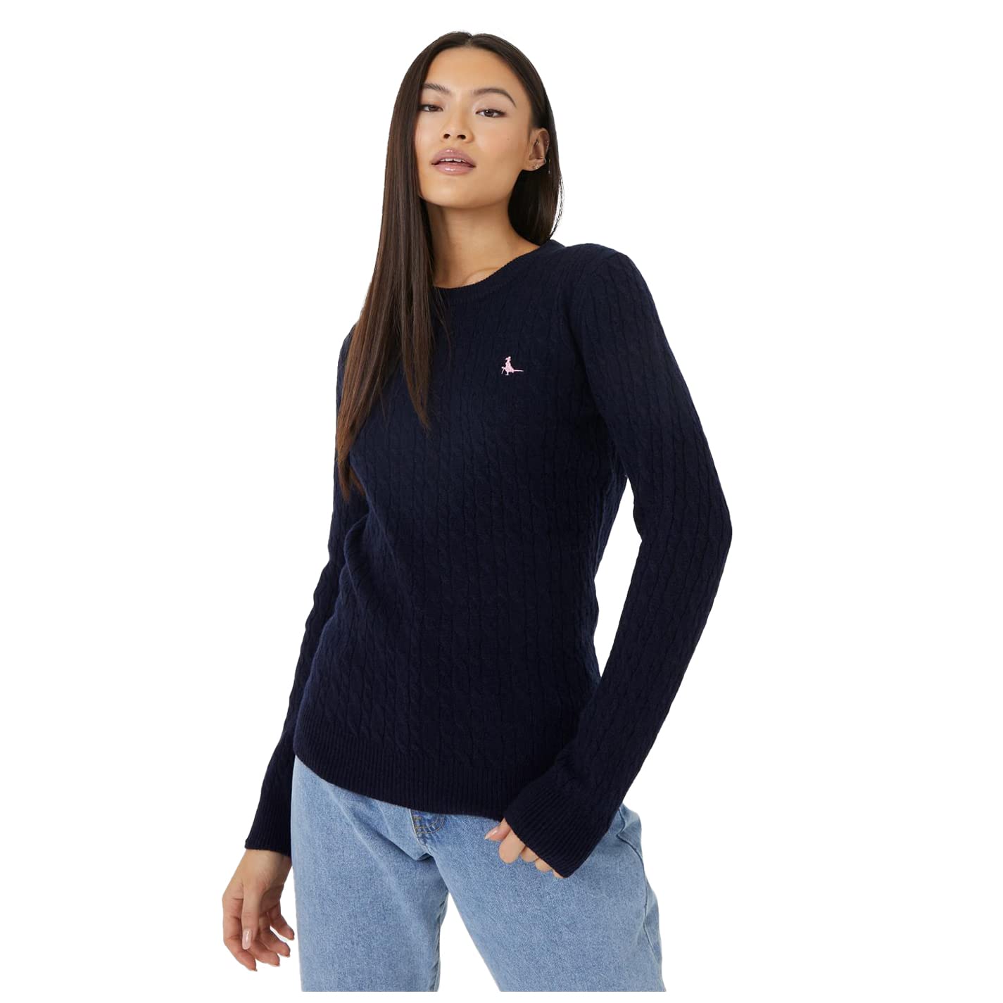 Jack Wills Womens Tinsbury Merino Wool Cable Knitted Jumper Navy XXS