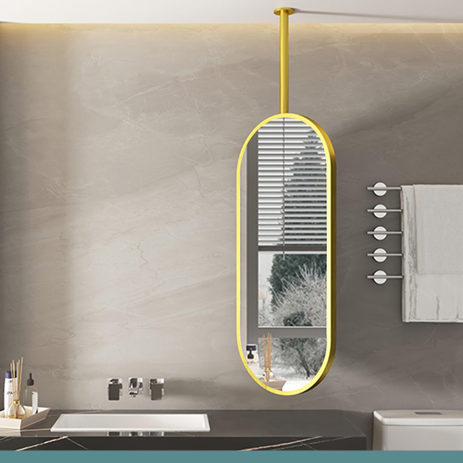 FGXHHS Ceiling Hanging Floating Bathroom Decorative Mirror, Wall Vanity Make-up, with Gold Metal Framed HD - Booms can be customizable (Size : 50cmx70cm)