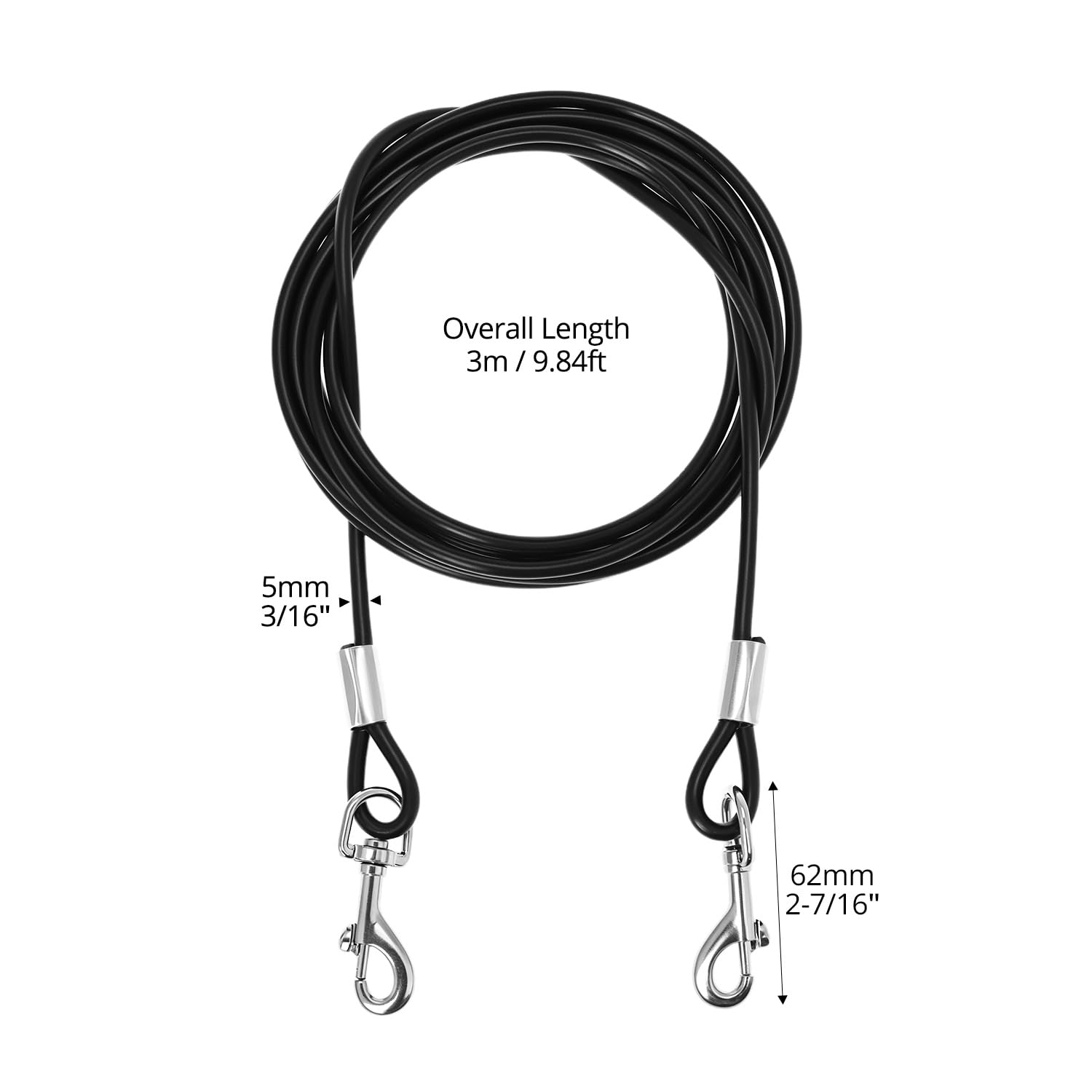QWORK® 3m Cavo di Fissaggio per Cani in Acciaio Inossidabile con Ganci girevoli a 360°, Resistente alle Intemperie