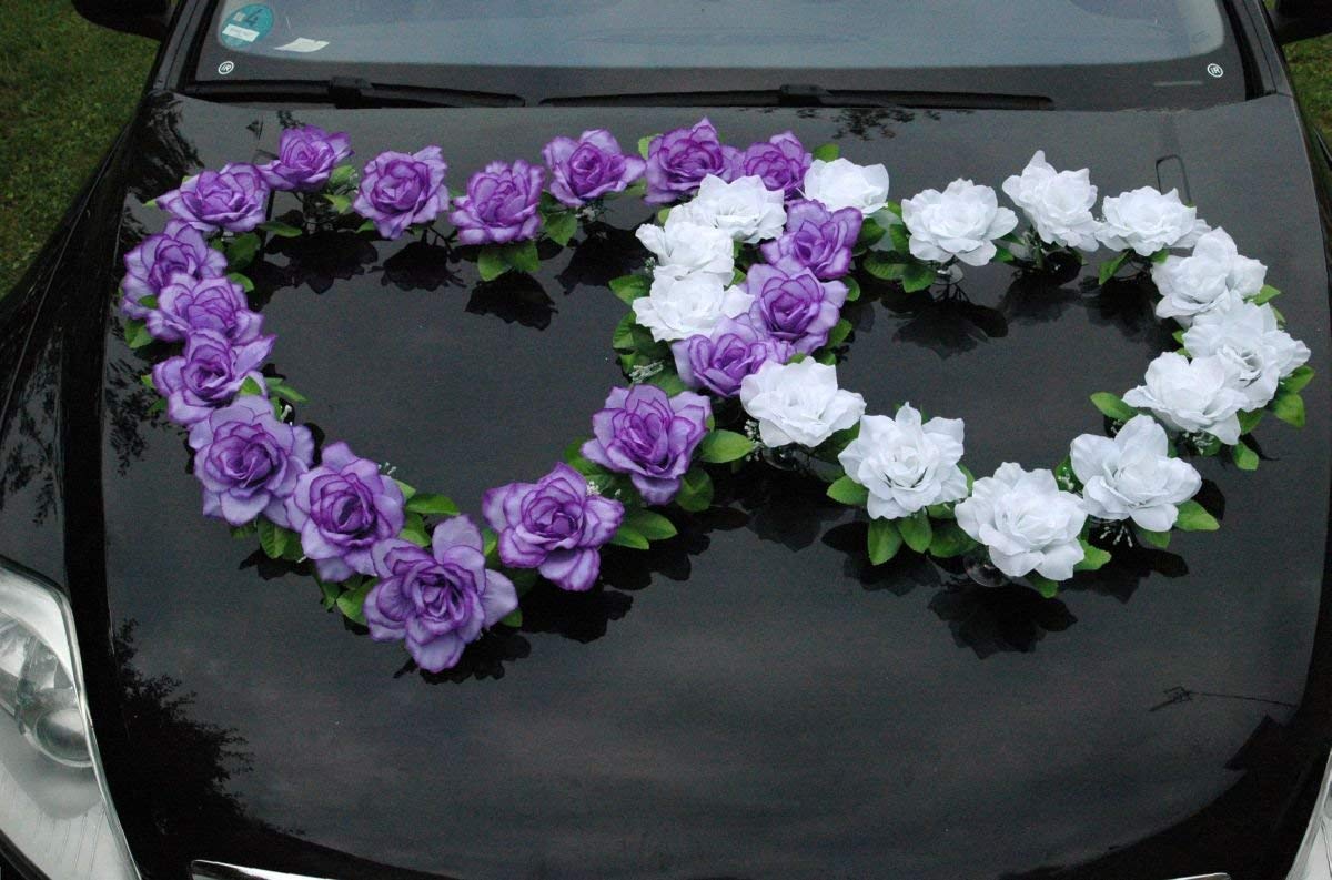 DOPPEL Herz Auto Schmuck Braut Paar Rose Deko Dekoration Autoschmuck Hochzeit Car Auto Wedding Deko Ratan (Lila/Reinweiß)