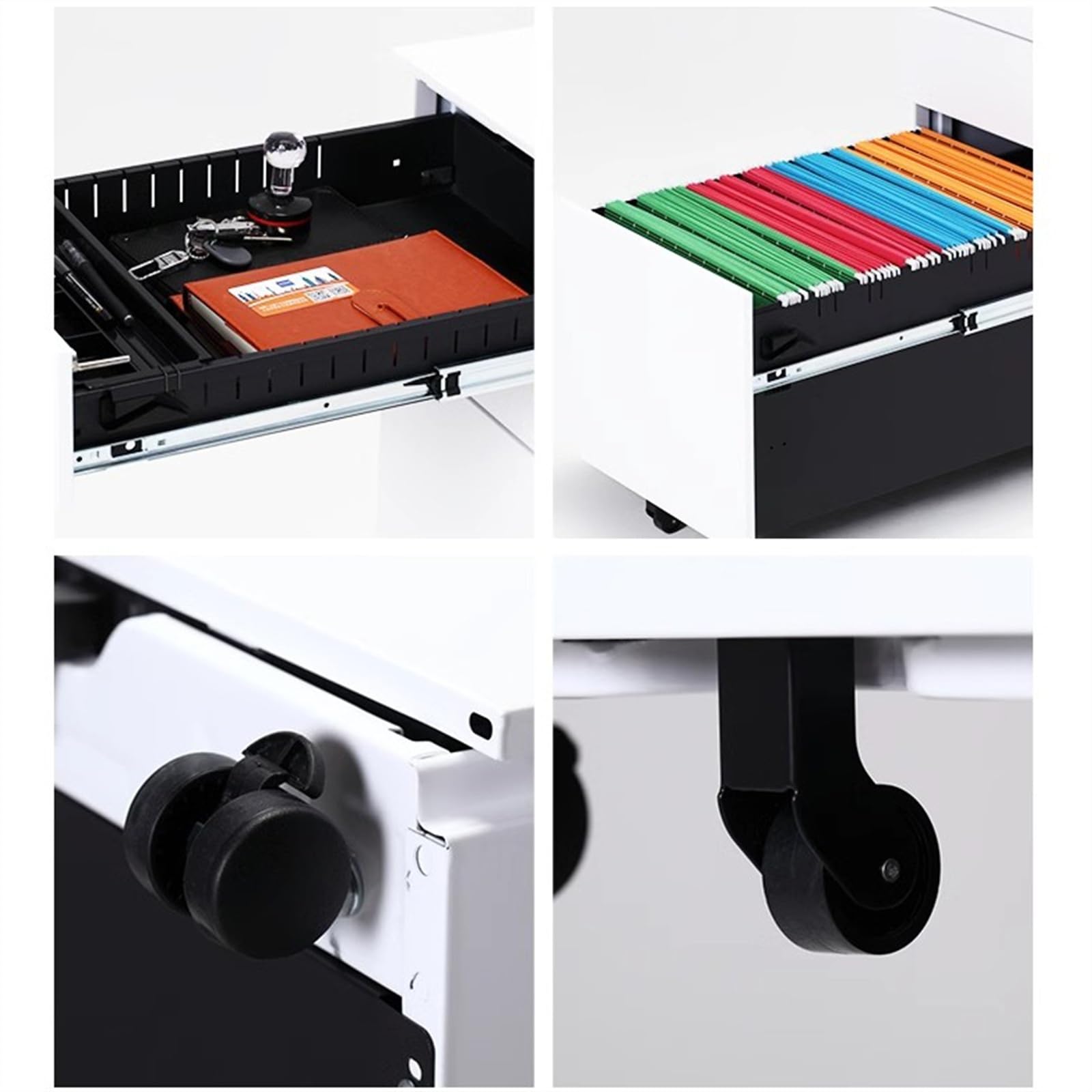 Schedario da ufficio Cassettiera mobile sotto la scrivania, cassettiera in metallo con estrazione laterale a tre cassetti serratura, in ferro bianco/nero for l'home office Documenti