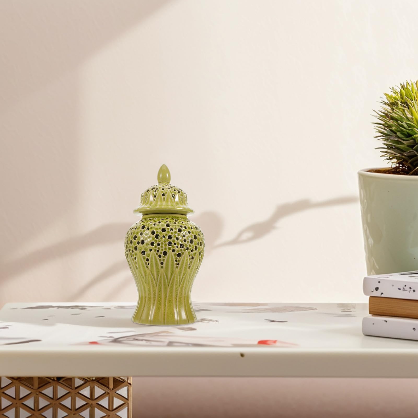 Vaso Decorativo in Ceramica Stile Giara con Coperchio Verde Chiaro