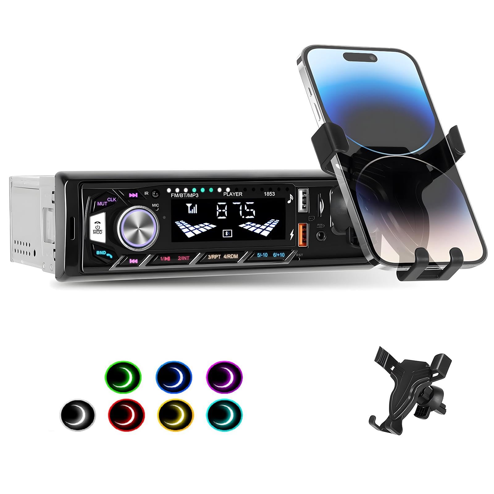 Inefala 1 Din Autoradio mit Telefonhalterung, Radio 1 DIN mit FM, Bluetooth, USB, AUX-Eingang, Freisprecheinrichtung, Unterstützt 7 Farben Beleuchtung und Schnellladung
