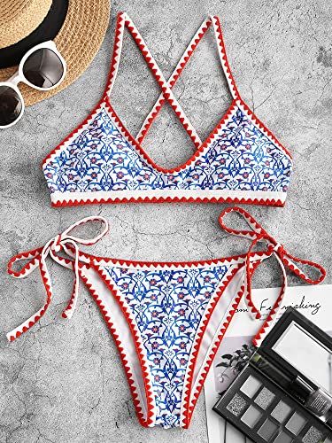 Image of ZAFUL Women's Tie Back Padded High Cut Bralette Bikini Set Two Piece Swimsuit