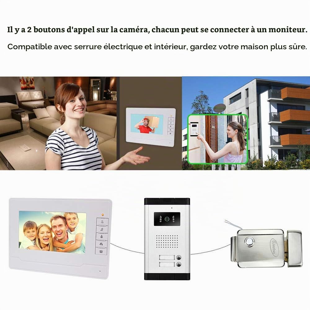 7 pouces Interphone de sonnette vidéo téléphone Caméra de vision nocturne IR 2 moniteurs pour la maison/appartements