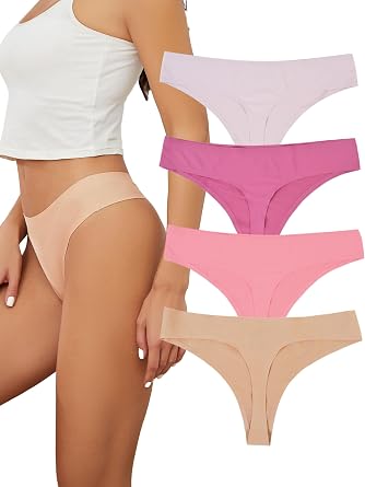 Bolivelan 4 Pack Womens Seamless Thongs No Show Thong Underwear Breathable G-Strings Panties
