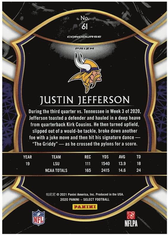 2020 PANINI SELECT SILVER PRIZM #61 JUSTIN JEFFERSON CONCOURSE MINNESOTA VIKINGS FOOTBALL OFFICIAL TRADING CARD OF THE NFL