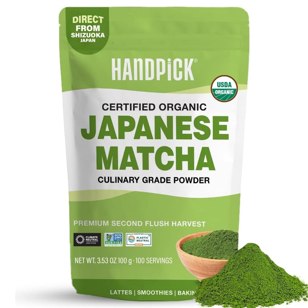 HANDPICK Japanese Organic Matcha Green Tea Powder (100 Servings) - Sourced from Japan | Authentic Premium Harvest | Resealable Ziplock Pouch