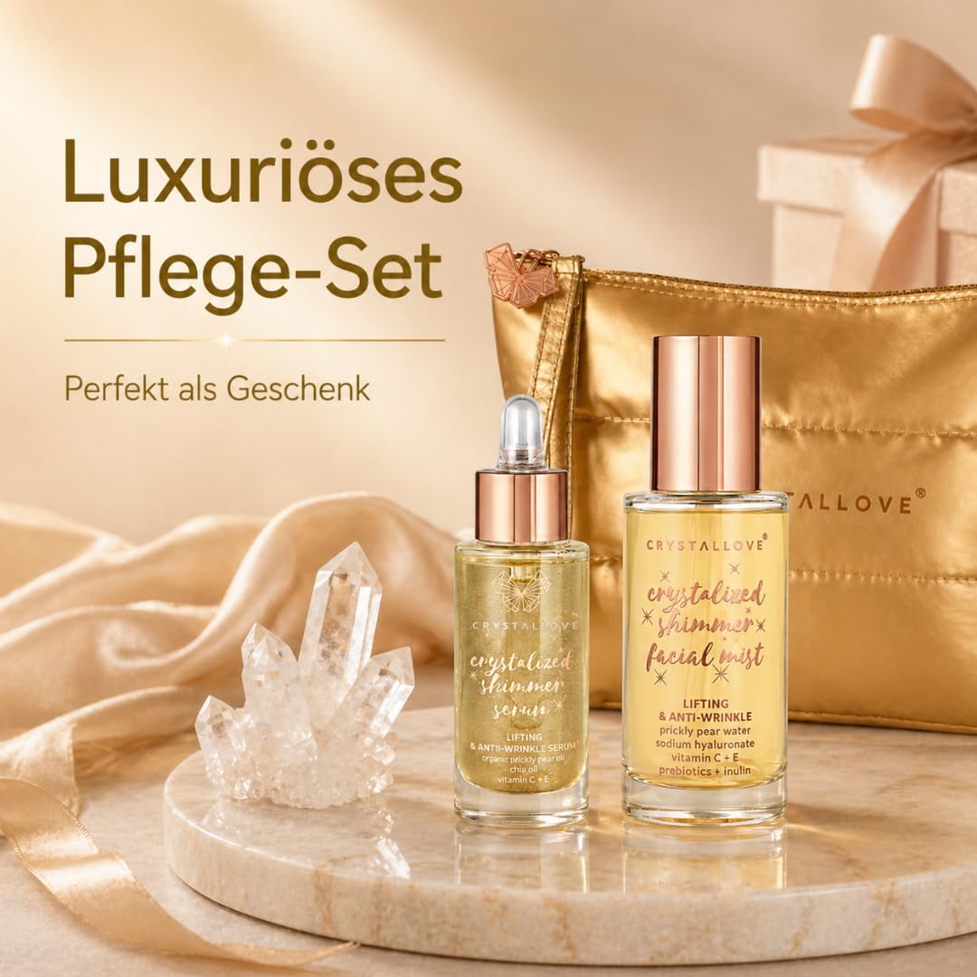 CRYSTALLOVE Clear Quartz Skincare Duo – Gesichtsserum 30 ml & Face Mist 100 ml mit Bergkristall inkl. Kosmetiktasche – Hautpflege Set für Glow, Feuchtigkeit & Frische – Geschenkset
