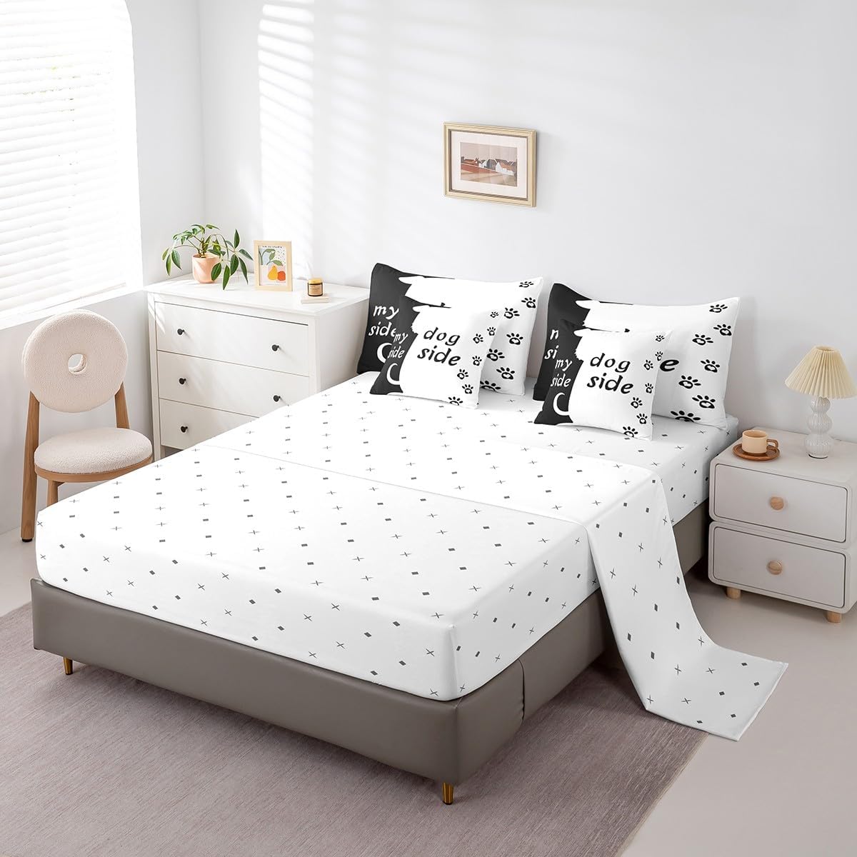 7 Piece Dog Side My Side Bed in a Bag Queen Size for Boys Girls Kids Cute Dog Print Bedding Sets Dog Paw Print Comforter Set with Sheets Lovely Pet Animal Dog Bed Set for Dog Lovers Sheets