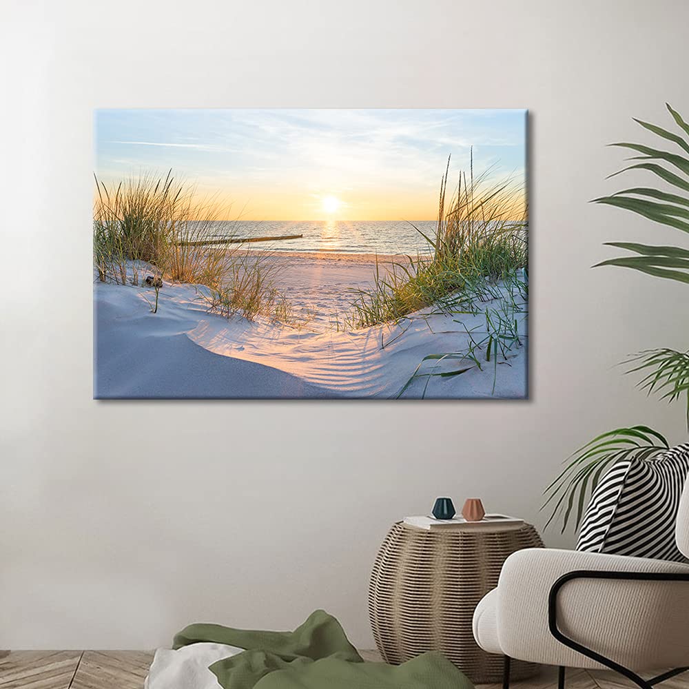 TISHIRON Wall Art Sandy Beach Sunrise Pictures Painting on Canvas Wall Art Modern Framed Seaside Canvas Prints Ready To Hang(36X24in) — view 3