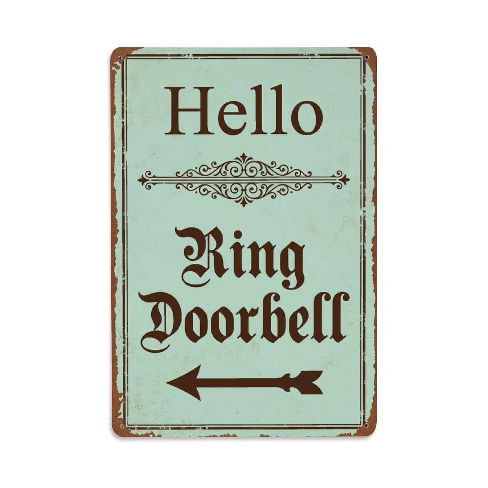 Vintage Hello Ring Doorbell Arrow Border Metal Tin Sign