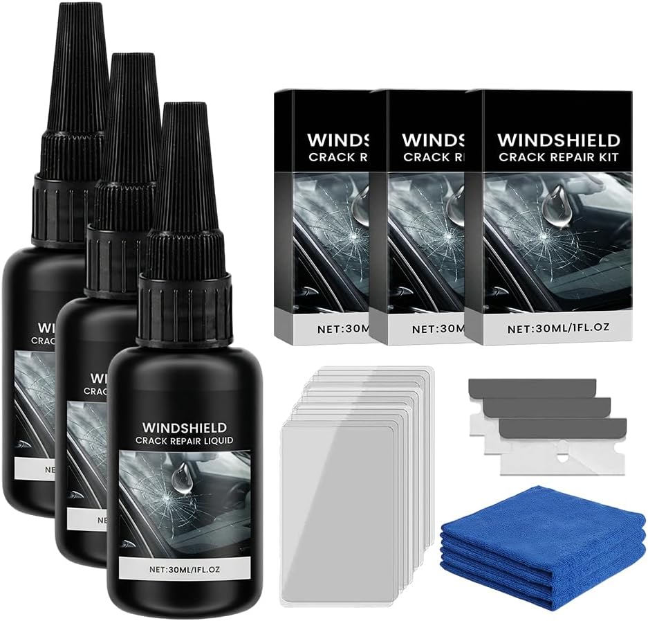 Windshield Crack Repair Kit, 2026 New Advanced Formula Quick Fix with 30ml Glass Repair Liquid 1 Towel 1 Blade 5 Curing Films, Universal Cracks Gone Glass Repair Kit (3 Pack)