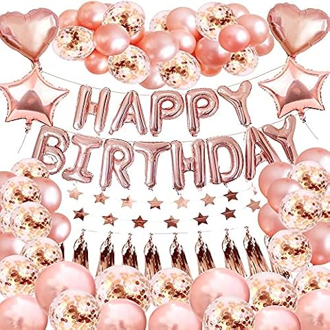 BIQIQI Rose Gold Birthday Party Decorations,Women Party Balloon Set with Happy Birthday Banner Confetti Foil Balloon Garland Tassel for Women Birthday Hen Party Wedding Decorations Cover