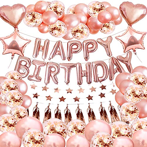 BIQIQI Geburtstagdeko Rosegold,Frauen Party Luftballons mit Stern Herz Folien Ballon Happy Birthday Banner Quasten Konfetti Ballon für Frauen Geburtstag Hochzeits JGA Dekoration