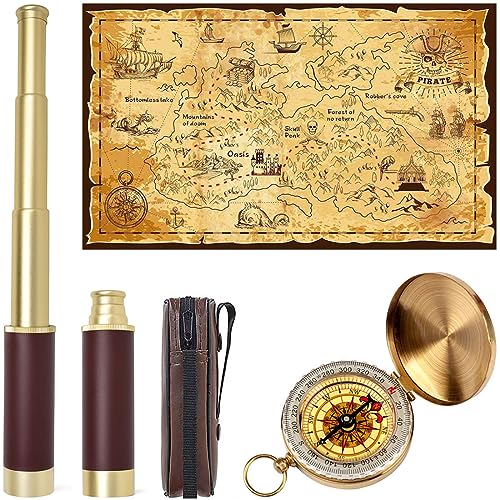 Pirate Spyglass Telescope Treasure Map Pocket Compass Kids Toys Set, Handheld Collapsible 25x30 Zoomable Monocular Polyester Fabric Huge Map & Golden...