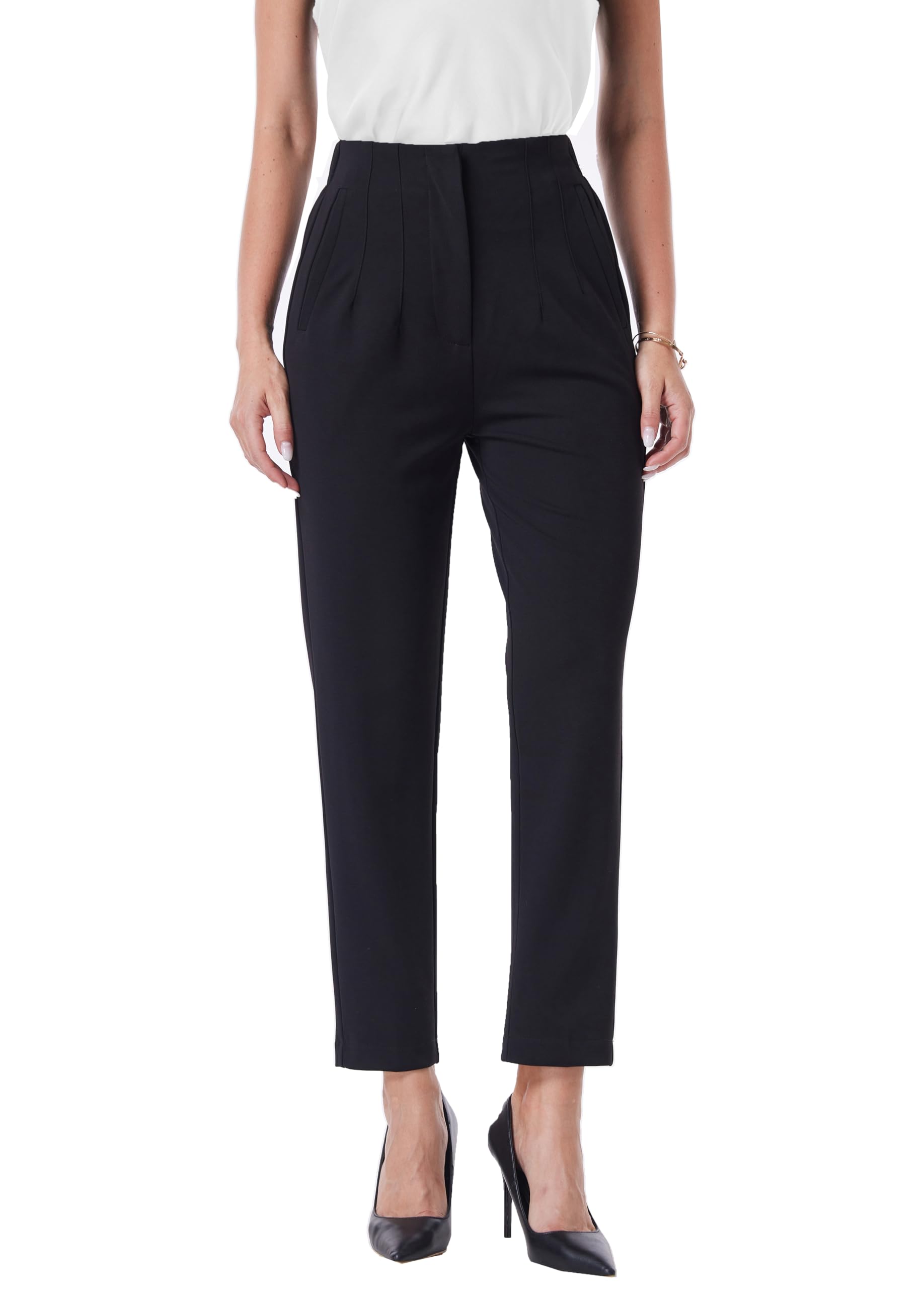 heipeiwa Womens High Waisted Work Business Trousers Pleated Office Slacks Pants Crop Dress Pant