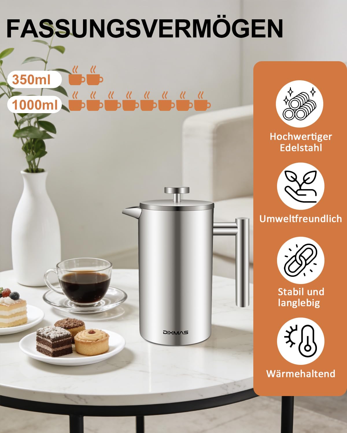 French Press Kaffeebereiter Edelstahl 350 ml/2Tassen, French Press Thermo, doppelwandig isoliert - 0,35 Liter