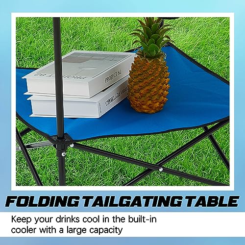 Soaoo 2 Pcs Folding Camping Table with 4 Mesh Cupholders 2 Tier Portable Folding Table Round Lightweight Fabric Compact Carrying Case Beach Table for Summer Outdoor Tailgating Fishing Hiking, Blue
