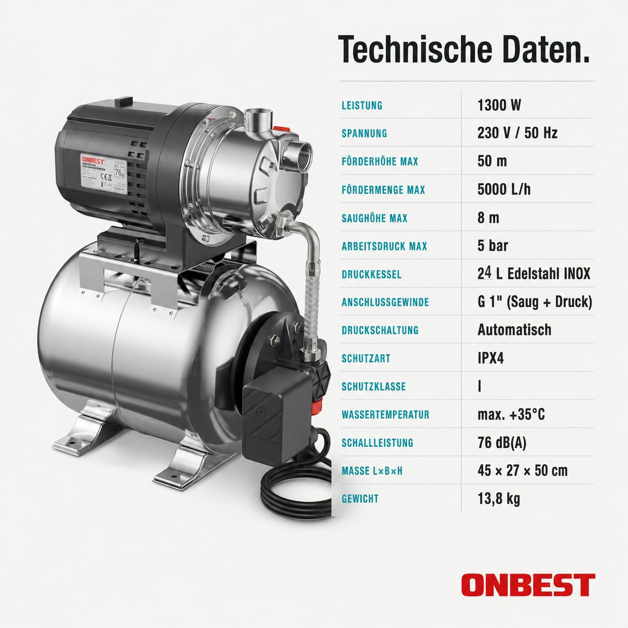 ONBEST Hauswasserwerk 1300 W 50 m Förderhöhe 20 L Kessel | Edelstahldruckkessel, 230 V-Anschluss, wartungsfreier Motor, Pumpe für Garten und Haushalt