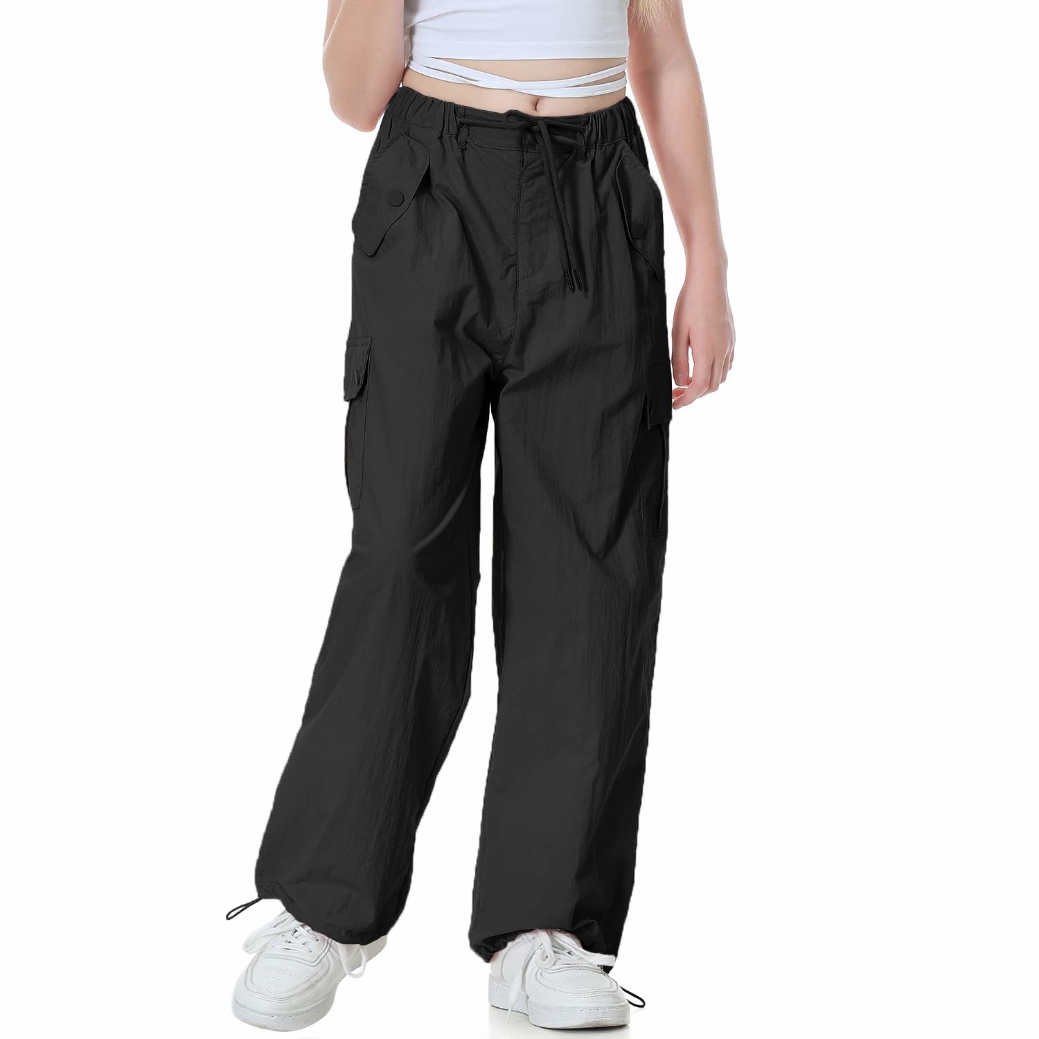 Rolanko Baggy Cargo Fallschirmhose für Mädchen, Y2K Vintage Jogger mit Verstellbarer Elastischer Taille für Kinder Fit