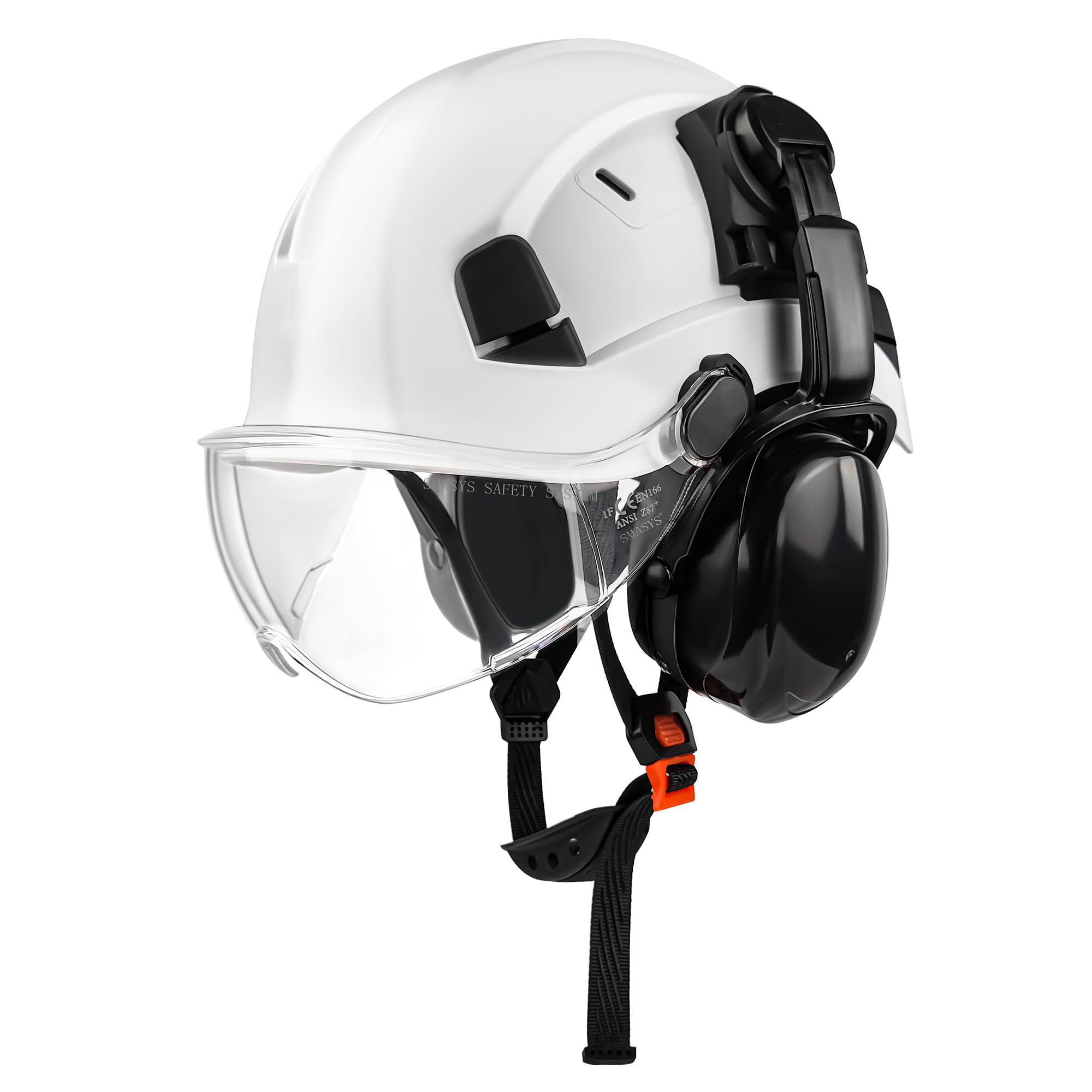 SMASYS Safety Hard Hat with Visor Ear Muffs- Adjustable ABS Climbing Helmet 6-Point Suspension Perfect for Construction Head Protection Hardhats Hear,