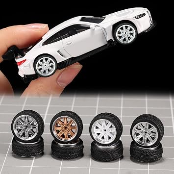 WAVEIST 1/64 Wheels and Tires,Real Riders Series,Upgrade Mainline Diecast Model Cars,Diameter is 0.43in, 4 Sets/pack,Eight-axis Spokes,ABS Wheels with Rubber Tire Rivet Axle Metal RimsHW-F
