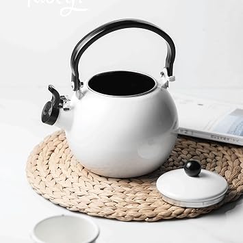 Retro Enamel Tea Kettle for Stove Top - 2L Whistling Teapot in Red/White for Home, Dorm, Camping & Coffee Makers(White)