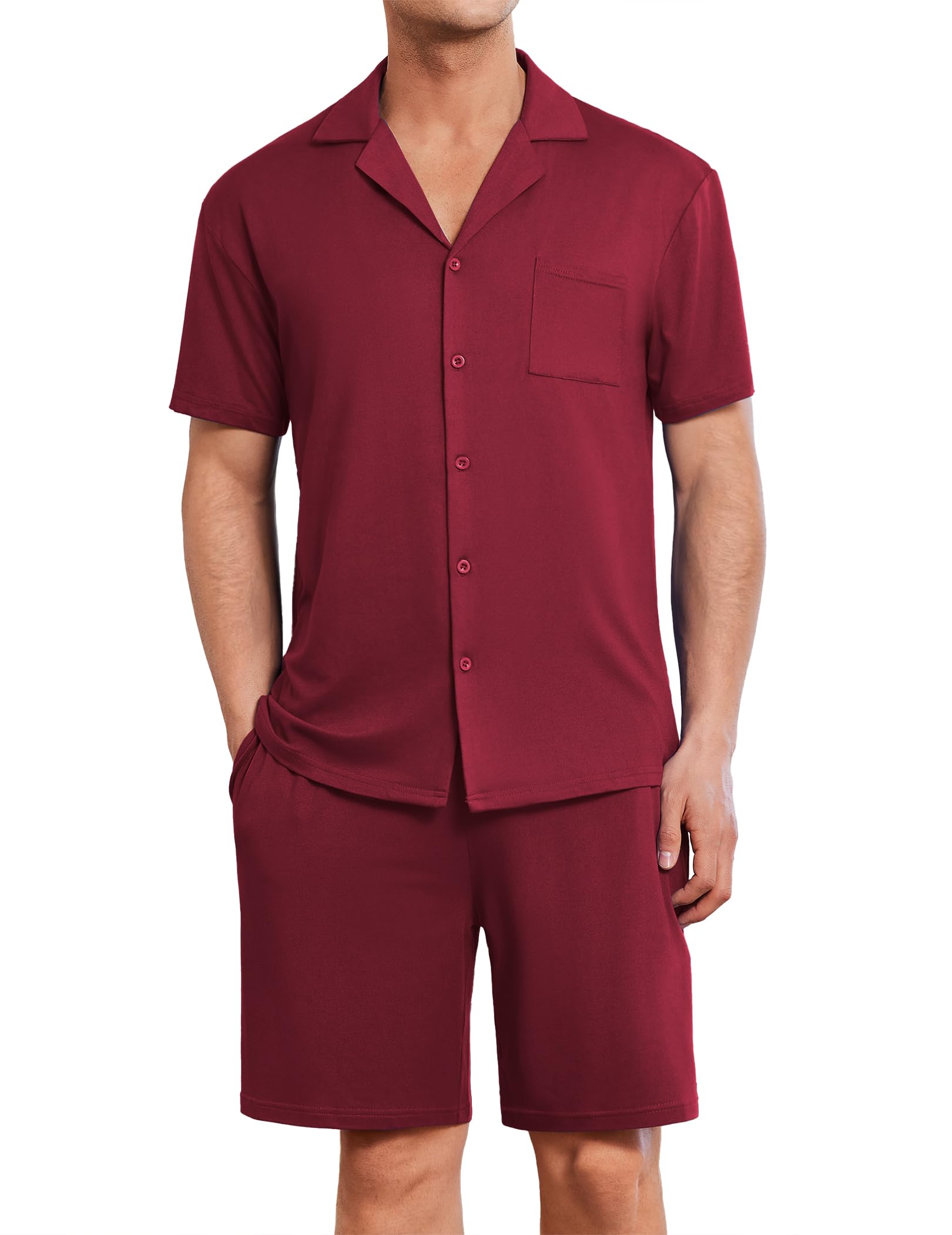 Ekouaer Mens Pajamas Set Short Sleeve Sleepwear Button Down Soft Loungewear 2 Piece Pj Shorts Sets with Pockets
