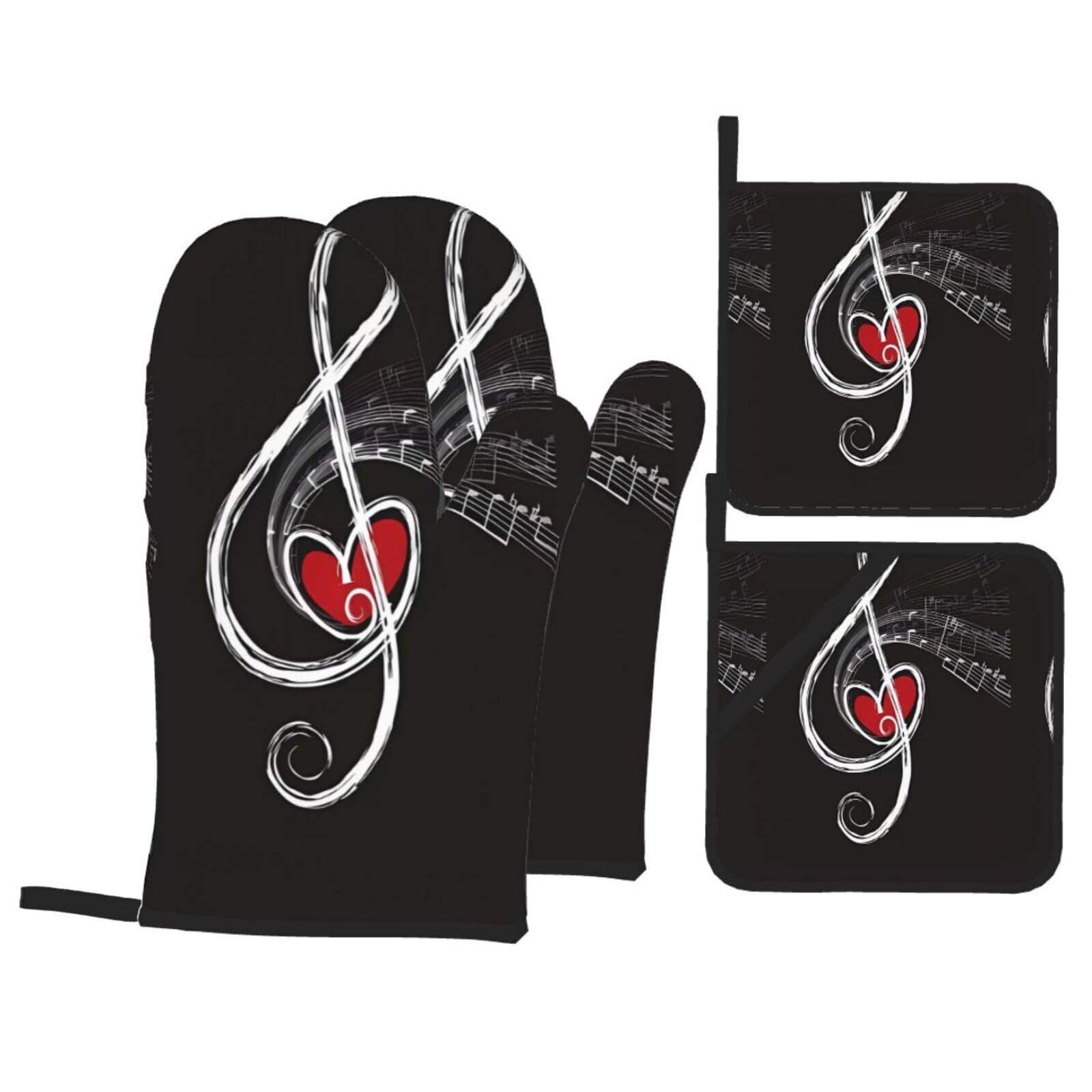 YYHHAOFA Music Symbols Love Prints Kitchen Baking Set with Heat Resistant Pot Holders & Oven Mitts - Waterproof Layer for Hot Dishes, Grill & Microwave