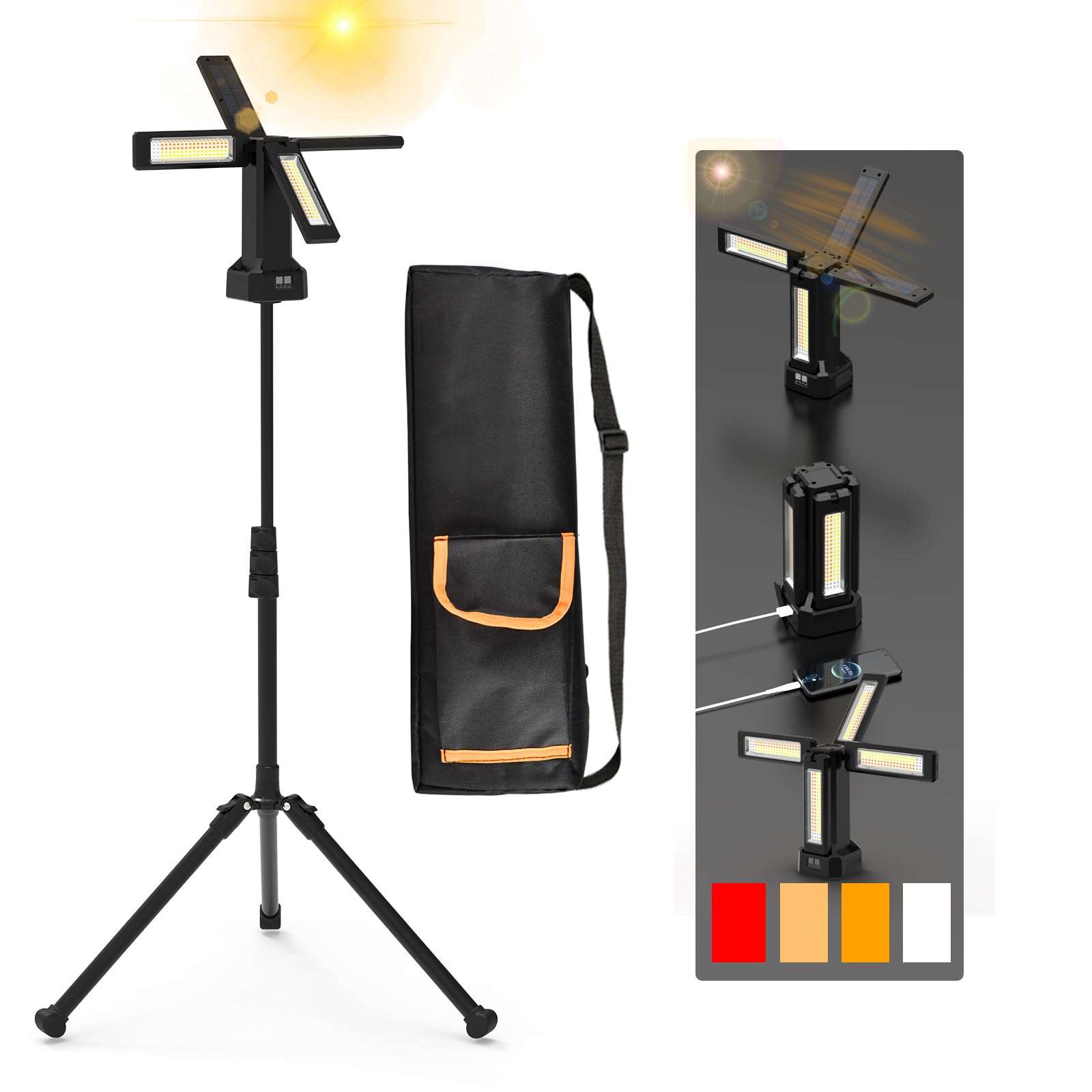 Photo 1 of 13200mAh Rechargeable Solar Work Light with Folding Stand and Carrying Bag, AODOO 8000 Lumen Stepless Dimmable , White/Warm/Nature White/RED(SOS) with Detachable Tripod (Black)