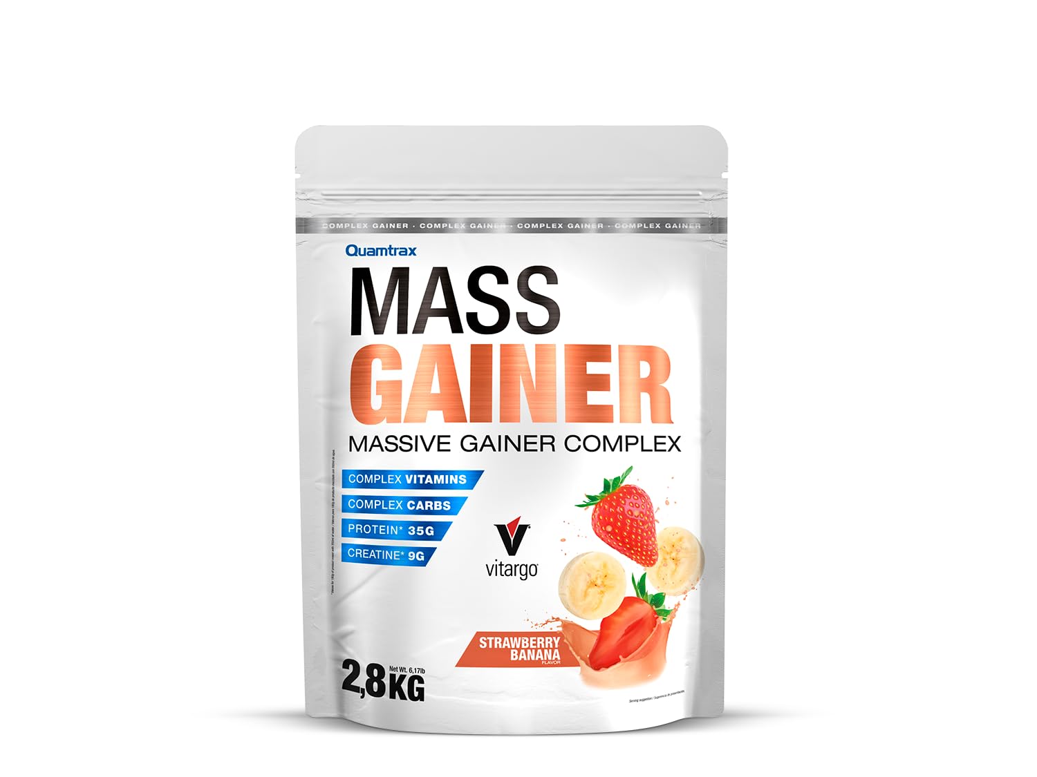Quamtrax Nutrition - Mass Gainer (Ganador de Masa Muscular) - 2,​8 kg - Sabor Fresa y Plátano - Aumento de masa muscular, alto contenido en proteínas y carbohidratos, apoyo en la recuperación
