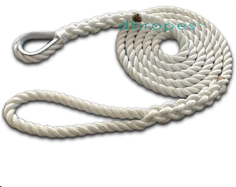 3 Strand Mooring Pendant Line 100% Nylon Rope with Stainless Steel Thimble. Tensile Strength 6400 Lbs. Made in USA (White Nylon, 1/2" x 10')