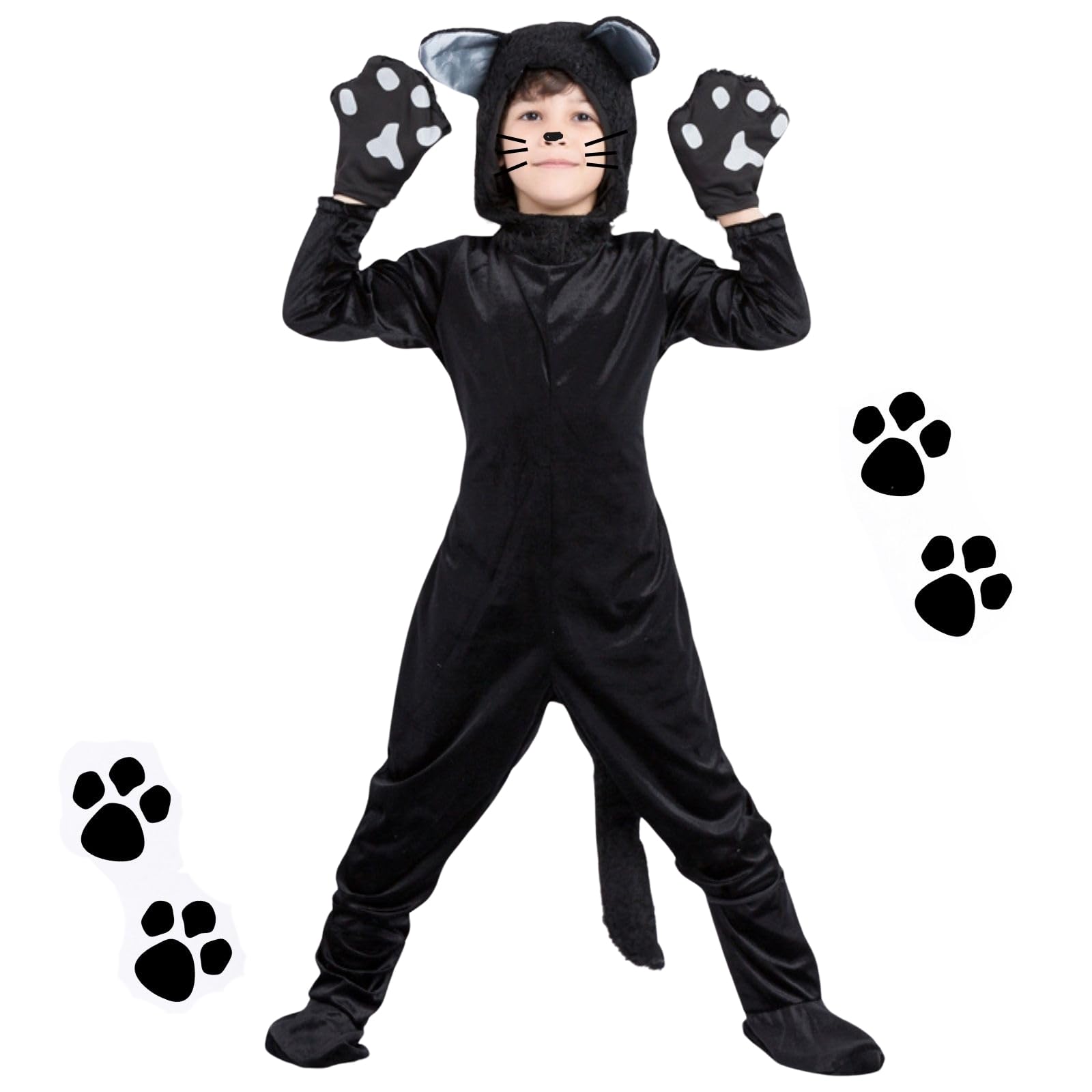 Black Cat Costumes and Monkey Costumes for Kids 3-12 Yrs, Animal Onesie with Hood, Gloves, Foot Covers Halloween Fancy Dress for World Book Day/Book Week, Christmas Theme Party