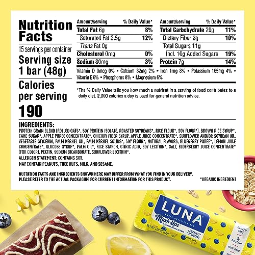 LUNA Bar - Mash-Ups LemonZest + Blueberry Flavor - Snack Bars - Non-GMO - Gluten-Free Protein Bars - Made with Organic Oats (15 Pack) - Image 3