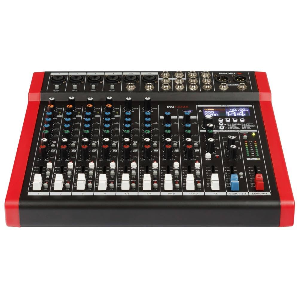Proel MQ1222X - Mixer Professionale a 12 ingressi con 6 PreAmp Microfonici HQ + 99 FX + modulo Bluetooth/USB per Canto, Live e Karaoke.