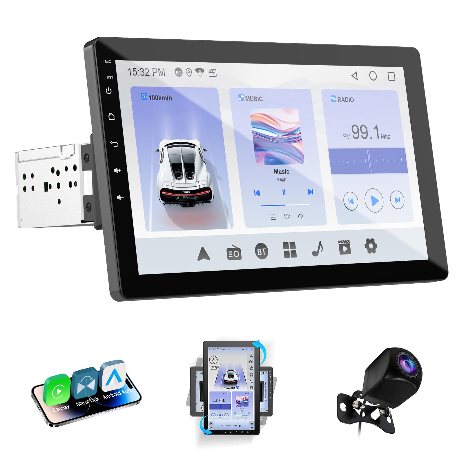 Haudio Autoradio Girevole a 360°, Stereo Bluetooth 1 DIN Carplay Wireless e Android Auto, Touchscreen IPS 10.1 Pollici Car Play con Mirror Link,Controllo vocale,RDS/FM/AM,Fotocamera Posteriore 720P
