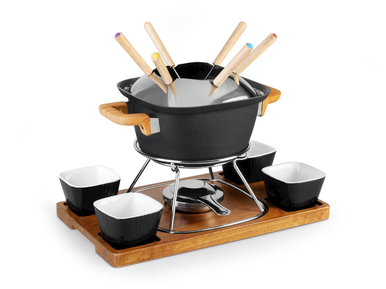 H&H Fondue-Set für 6 Personen, mit 4 Keramikschüsseln, Schwarz, 15 Stück