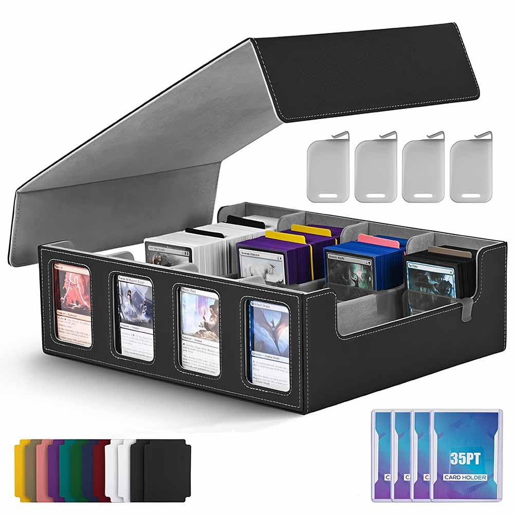 kefeimumu Trading Card Storage Box with Commander Display,Holds 2400+ Cards, 4-Row PU Deck Case with 12 Colorful Dividers & 4 Stoppers, Fit for MTG and Sport Cards (Black+Gray)
