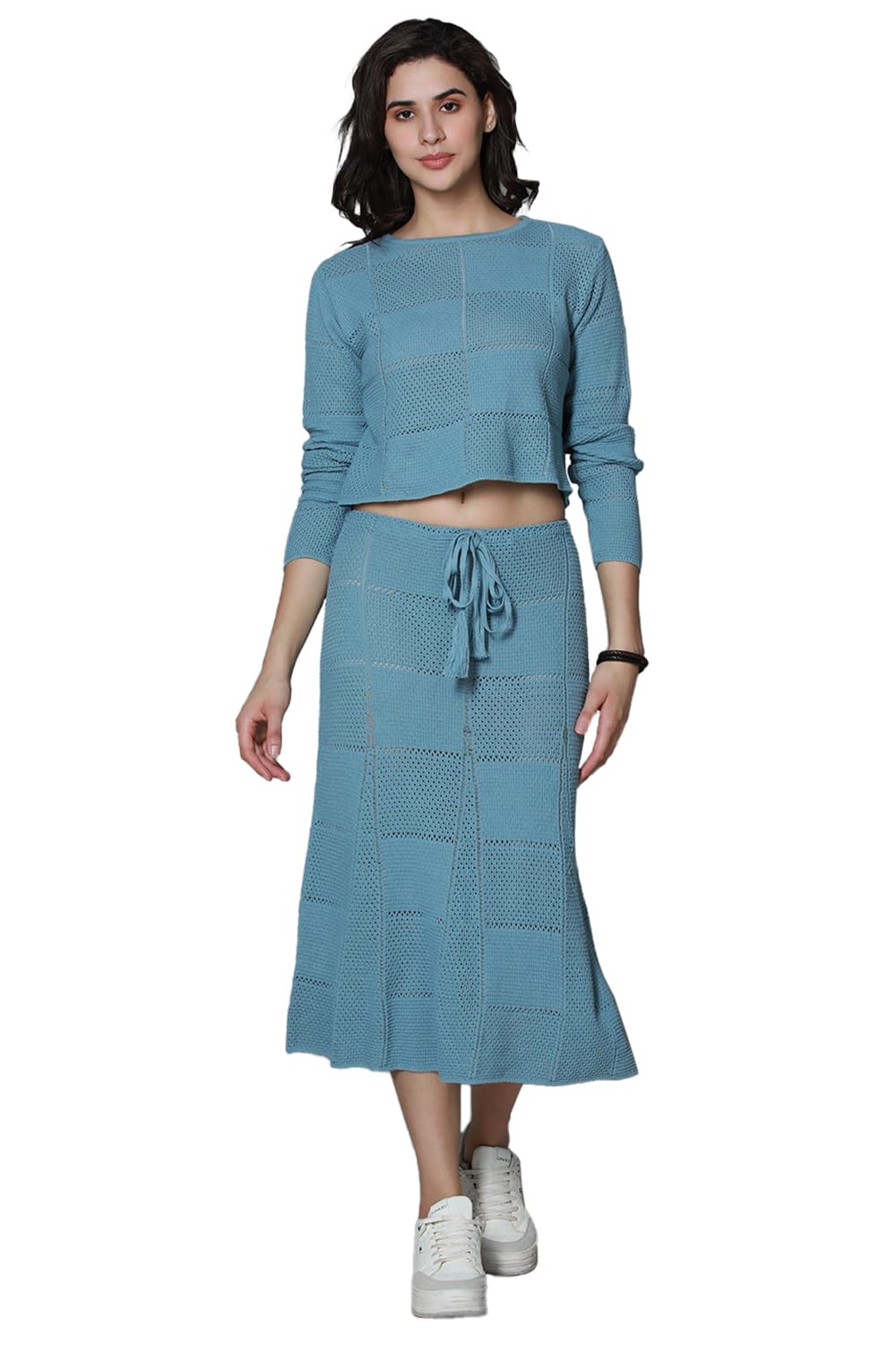 High Star Women's Blue Pure Cotton Long Sleeves Round Neck Co-Ord Set